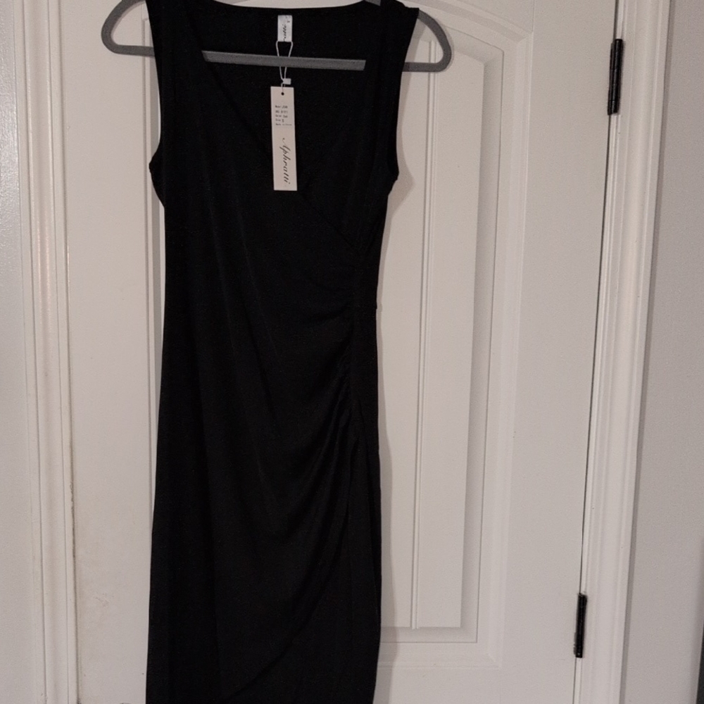 Aphorism Black Sleeveless V-Neck Midi Dress with Side Ruching